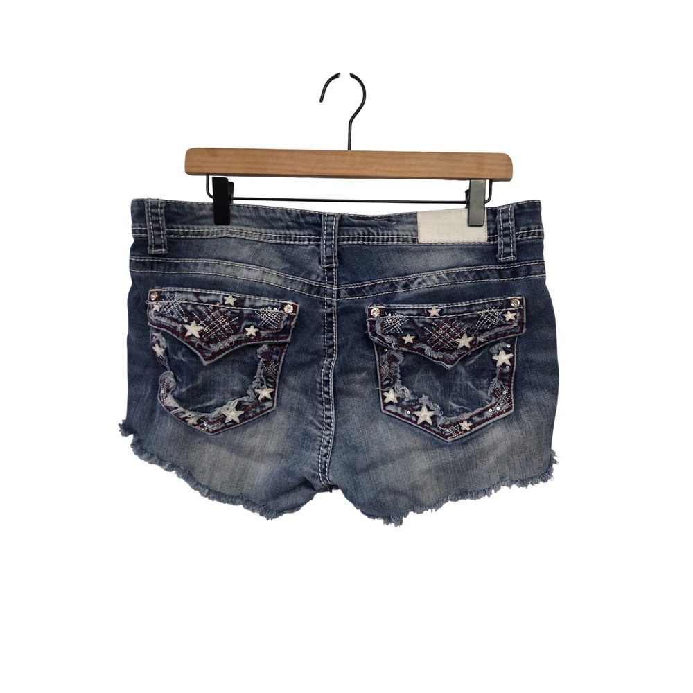 Shyanne Womens Embroidered Star Sequin Denim Cut Off Shorts Medium Wash Size 33L
